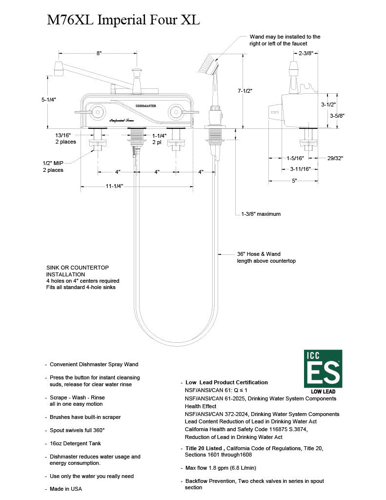 Dishmaster M76XL Imperial Four XL, Chrome Faucet